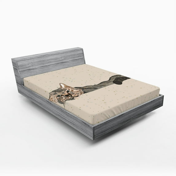Ambesonne Animal Fitted Sheet, Lazt Sleepy Cat, California King, Grey Beige