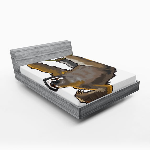 Ambesonne Animal Fitted Sheet, Lazy Sloth Bear Cartoon, Full Size, Grey