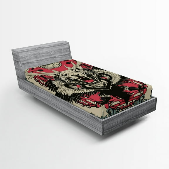 Ambesonne Animal Fitted Sheet, Leopard Head Horns Wings, Twin Size, Multicolor