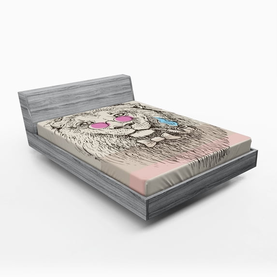 Ambesonne Animal Fitted Sheet, Lion Head Hipster Style, Queen Size, Pale Blue Pale Pink