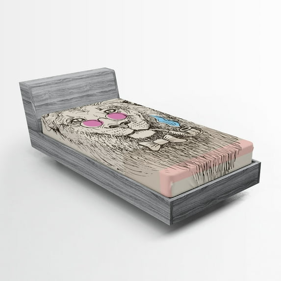 Ambesonne Animal Fitted Sheet, Lion Head Hipster Style, Twin XL Size, Pale Blue Pale Pink