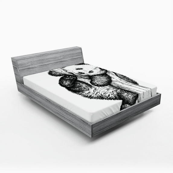 Ambesonne Animal Fitted Sheet, Little Panda Bear, Full Size, Black and White