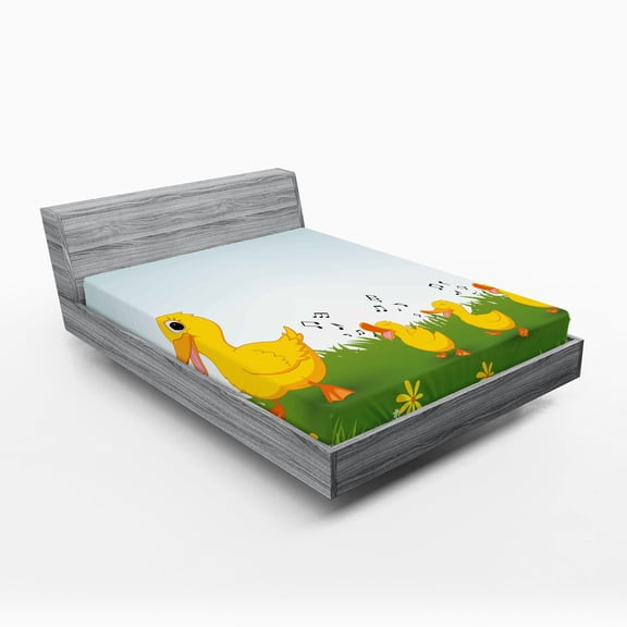 Ambesonne Animal Fitted Sheet, Mother Duck and, Full Size, Pale Blue Mustard