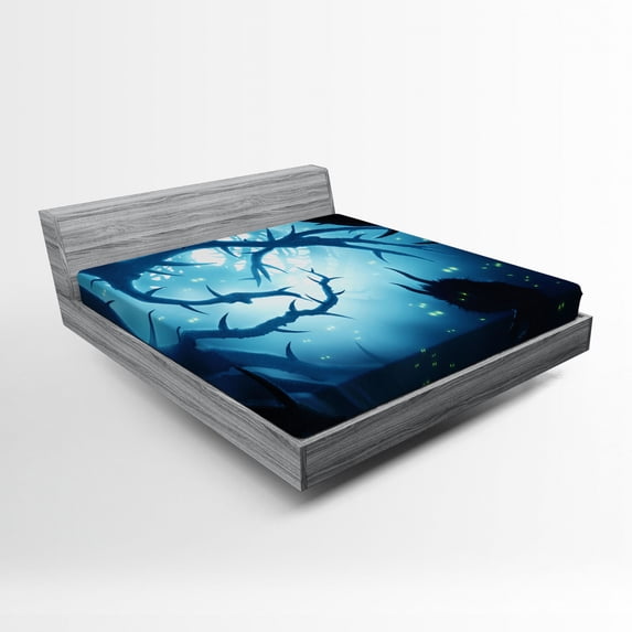 Ambesonne Animal Fitted Sheet, Night Forest Halloween, Full Size, Navy White