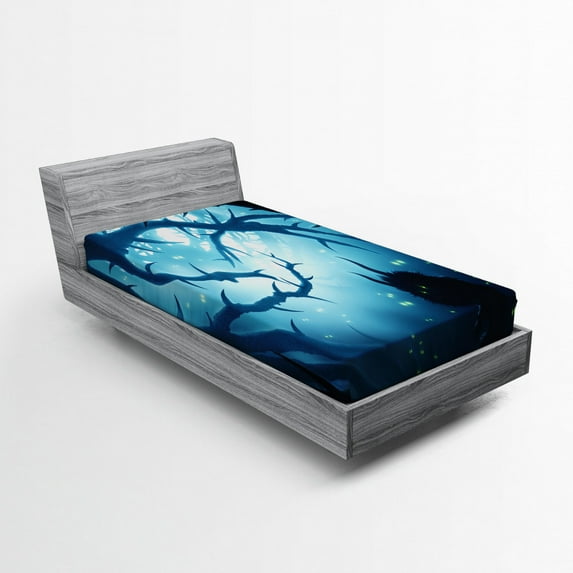 Ambesonne Animal Fitted Sheet, Night Forest Halloween, Twin Size, Navy White