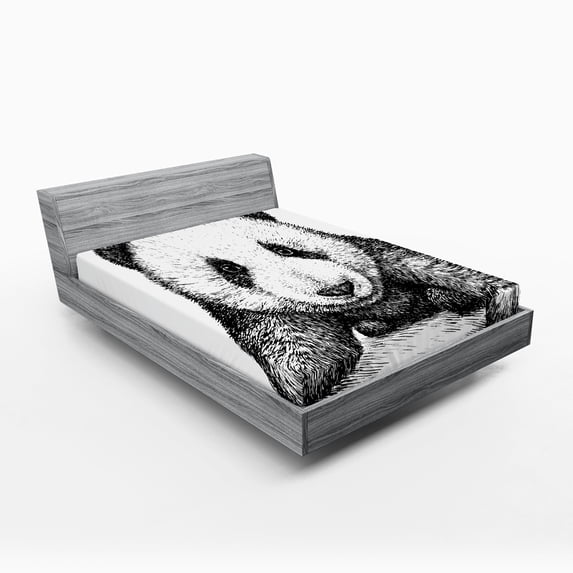 Ambesonne Animal Fitted Sheet, Panda Bear Sketch, Queen Size, White Black