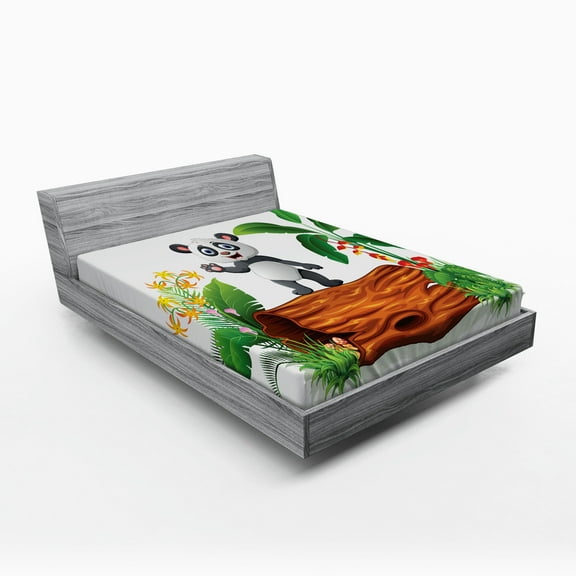 Ambesonne Animal Fitted Sheet, Panda Posing, Queen Size, Green Brown