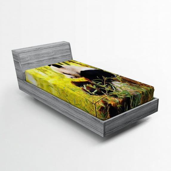 Ambesonne Animal Fitted Sheet, Panda Sitting in Forest, Twin Size, Black Green