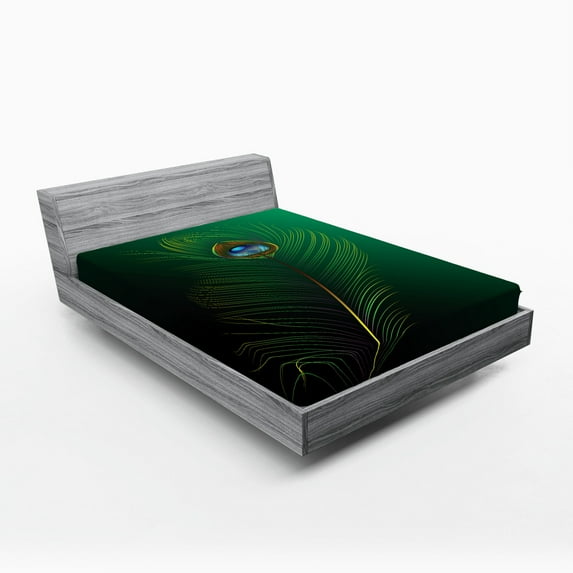 Ambesonne Animal Fitted Sheet, Peacock Bird Plumes, Full Size, Green Blue