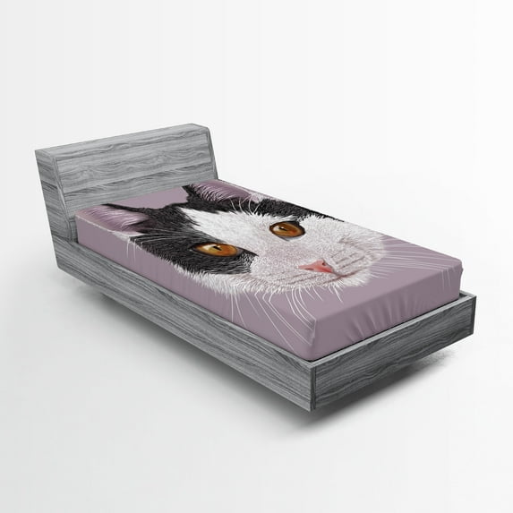 Ambesonne Animal Fitted Sheet, Pet Cat Kitty Portrait, Twin XL Size, Lilac Black White