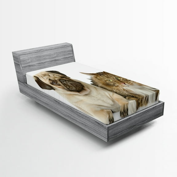 Ambesonne Animal Fitted Sheet, Pets Sitting Studio Shot, Twin Size, Brown Beige