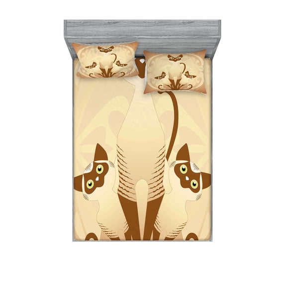 Ambesonne Animal Fitted Sheet & Pillow Sham Set, 3 Siamese Cats, Queen, Pale Brown Tan