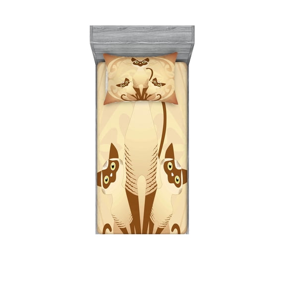 Ambesonne Animal Fitted Sheet & Pillow Sham Set, 3 Siamese Cats, Twinxl, Pale Brown Tan