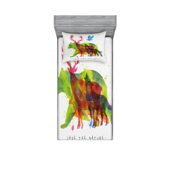 Ambesonne Animal Fitted Sheet & Pillow Sham Set, Alaska Animals Bear Wolf, Twin, Multicolor