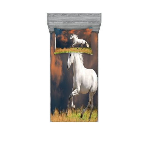 Ambesonne Animal Fitted Sheet & Pillow Sham Set, Andalusian Horse Dusk, Twinxl, White Orange Green