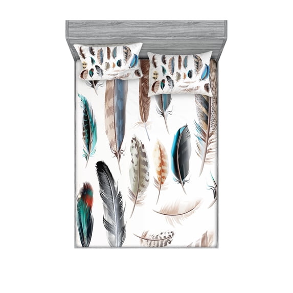 Ambesonne Animal Fitted Sheet & Pillow Sham Set, Bird Body Feathers Set, Queen, Multicolor