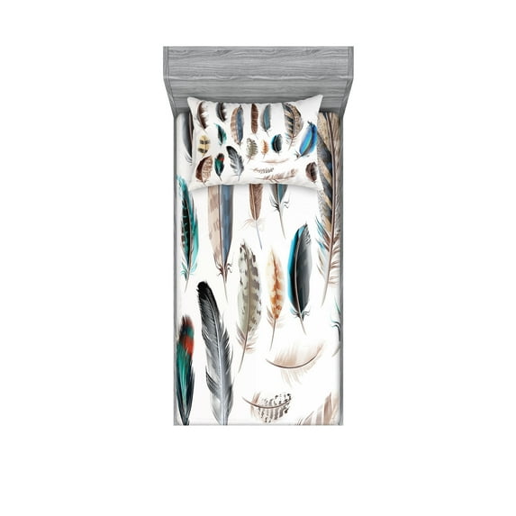 Ambesonne Animal Fitted Sheet & Pillow Sham Set, Bird Body Feathers Set, Twinxl, Multicolor