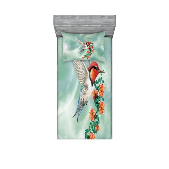 Ambesonne Animal Fitted Sheet & Pillow Sham Set, Bird with Flower Branch, Twin, Orange Green