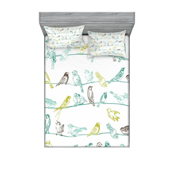 Ambesonne Animal Fitted Sheet & Pillow Sham Set, Birds Sitting on Wires, Full, Pale Green Brown