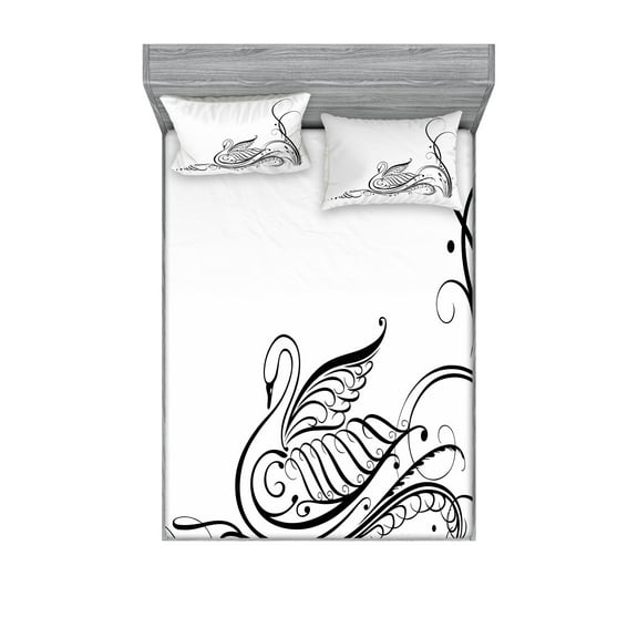 Ambesonne Animal Fitted Sheet & Pillow Sham Set, Black Swan in River, Full, White Black