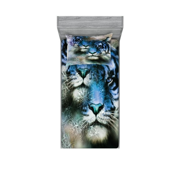 Ambesonne Animal Fitted Sheet & Pillow Sham Set, Blue Art Savannah Tigers, Twin, White Black Blue