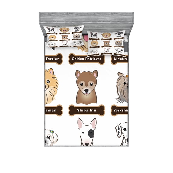 Ambesonne Animal Fitted Sheet & Pillow Sham Set, Boston Terrier Dogs, Full, Grey Cream White