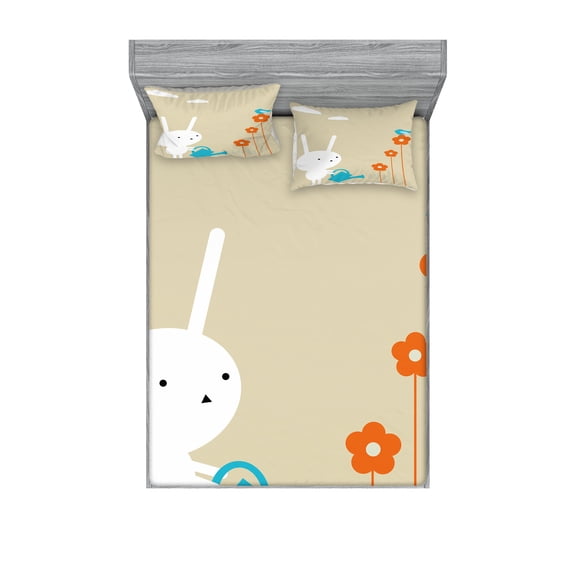 Ambesonne Animal Fitted Sheet & Pillow Sham Set, Bunny with Flowers, Full, White Tan and Blue