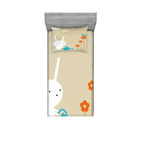 Ambesonne Animal Fitted Sheet & Pillow Sham Set, Bunny with Flowers, Twinxl, White Tan and Blue