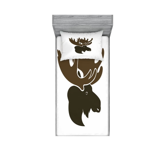 Ambesonne Animal Fitted Sheet & Pillow Sham Set, Canadian Deer Head, Twin, Green Brown Army Green