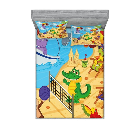 Ambesonne Animal Fitted Sheet & Pillow Sham Set, Cartoon Animals on Beach, Full, Multicolor