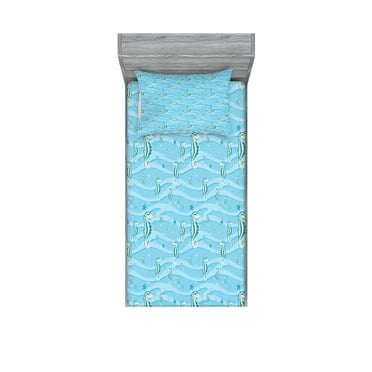 Ambesonne Animal Fitted Sheet & Pillow Sham Set, Cartoon Seahorses, Twinxl, Blue