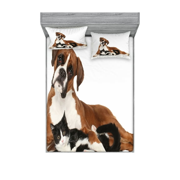 Ambesonne Animal Fitted Sheet & Pillow Sham Set, Cat Dog Friends Portrait, Queen, Brown Black White