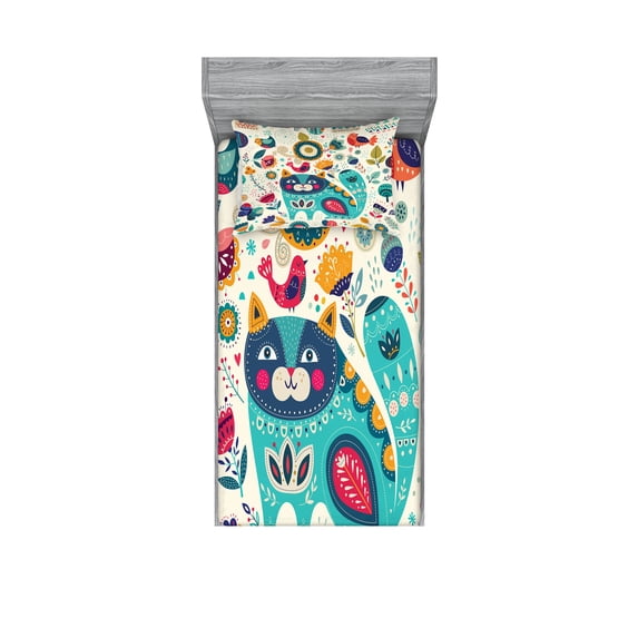 Ambesonne Animal Fitted Sheet & Pillow Sham Set, Cat with Birds, Twin, Multicolor