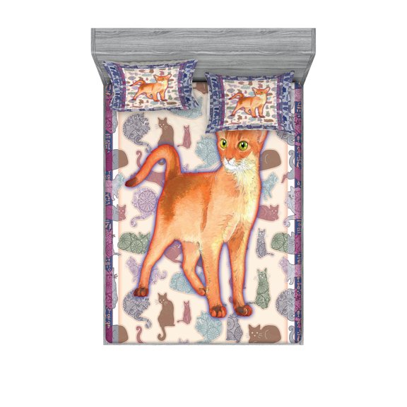 Ambesonne Animal Fitted Sheet & Pillow Sham Set, Cats Composition, Queen, Multicolor