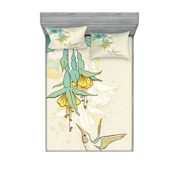 Ambesonne Animal Fitted Sheet & Pillow Sham Set, Colibri Exotic Plant, Queen, Teal Yellow