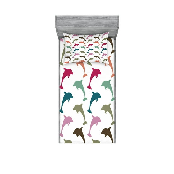 Ambesonne Animal Fitted Sheet & Pillow Sham Set, Colorful Dolphins Art, Twinxl, Multicolor