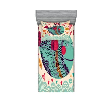 Ambesonne Animal Fitted Sheet & Pillow Sham Set, Colorful Whales Plants, Twinxl, Multicolor