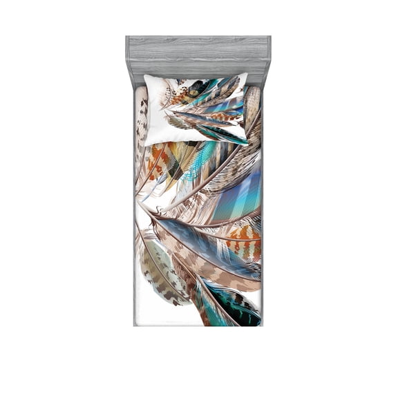 Ambesonne Animal Fitted Sheet & Pillow Sham Set, Contour Feather Fashion, Twinxl, Teal Brown