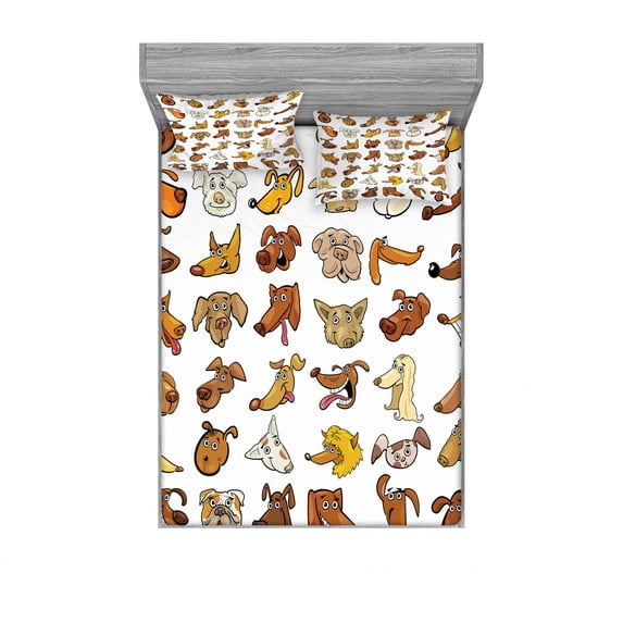 Ambesonne Animal Fitted Sheet & Pillow Sham Set, Dog Heads Puppy Canin, Queen, White Yellow Chocolate