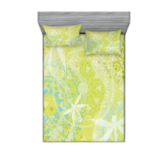 Ambesonne Animal Fitted Sheet & Pillow Sham Set, Dragonfly over Mandala, Full, Green White