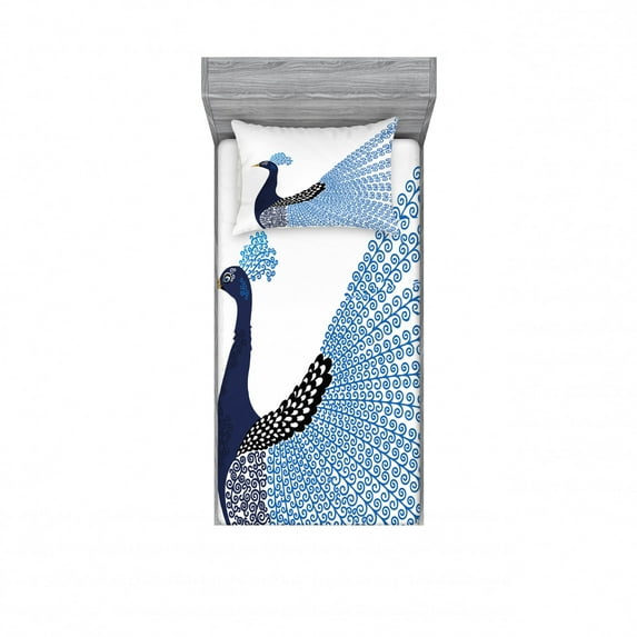Ambesonne Animal Fitted Sheet & Pillow Sham Set, Exotic Peacock Feather, Twin, Dark Blue Blue and Black