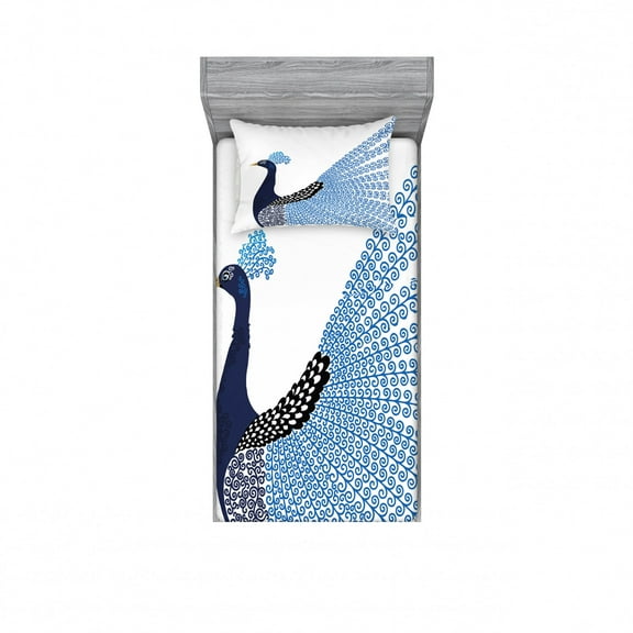 Ambesonne Animal Fitted Sheet & Pillow Sham Set, Exotic Peacock Feather, Twinxl, Dark Blue Blue and Black