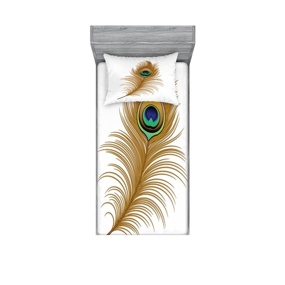 Ambesonne Animal Fitted Sheet & Pillow Sham Set, Exotic Peacock Wild Bird, Twin, Mustard Green Navy