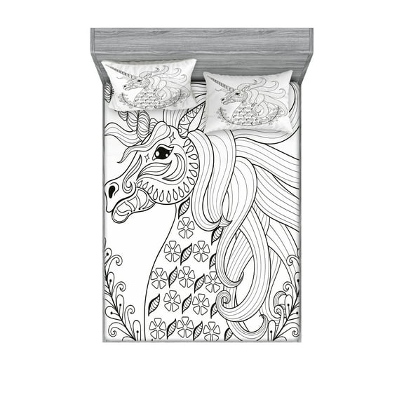 Ambesonne Animal Fitted Sheet & Pillow Sham Set, Fantasy Unicorn, Queen, Black White