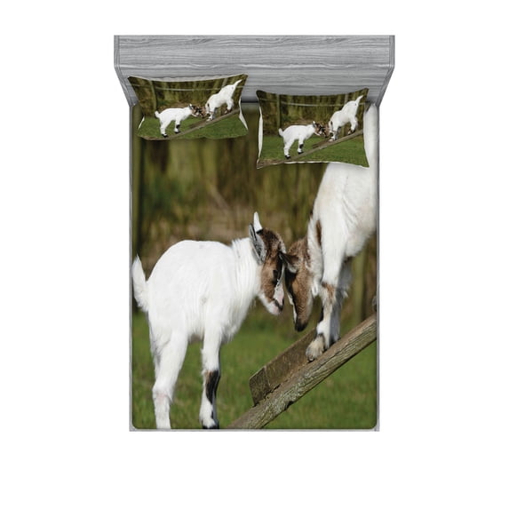 Ambesonne Animal Fitted Sheet & Pillow Sham Set, Farm Life with Goats, Full, White Green