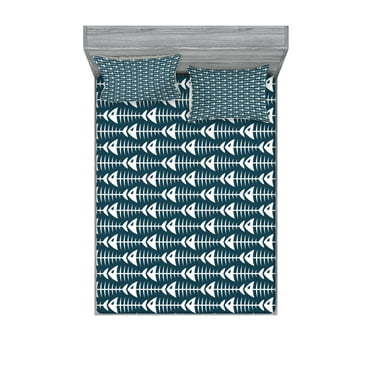 Ambesonne Animal Fitted Sheet & Pillow Sham Set, Fish Bone Skeleton Spine, Queen, Petrol Blue White