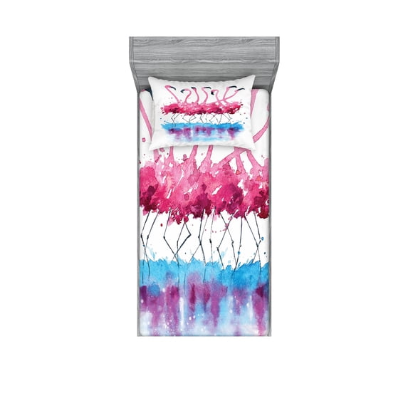Ambesonne Animal Fitted Sheet & Pillow Sham Set, Flamingo and Bird, Twin, Pink Blue Purple