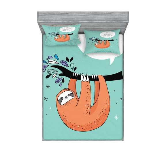 Ambesonne Animal Fitted Sheet & Pillow Sham Set, Flirty Sloth Cartoon, King, Multicolor