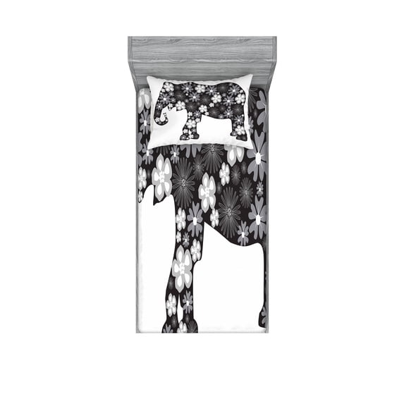 Ambesonne Animal Fitted Sheet & Pillow Sham Set, Floral Pattern, Twin, Grey White