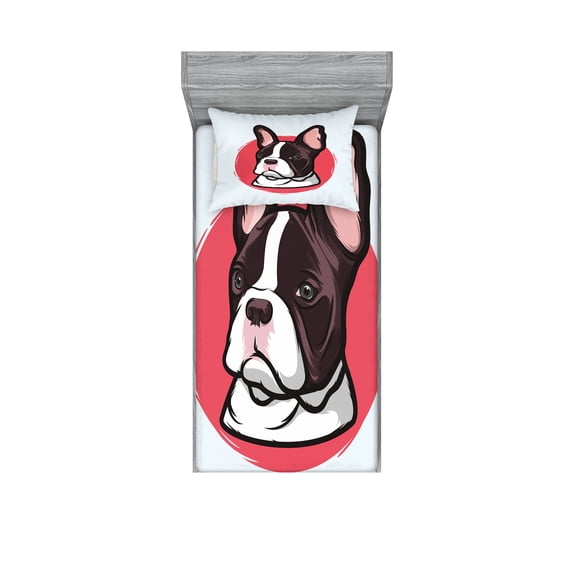 Ambesonne Animal Fitted Sheet & Pillow Sham Set, French Bulldog Hipster, Twinxl, Pink Brown